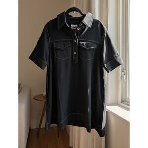 NWT Ganni Sable Topstitch Crepe Swing Spread Collar Button Mini Dress Black Sz 8